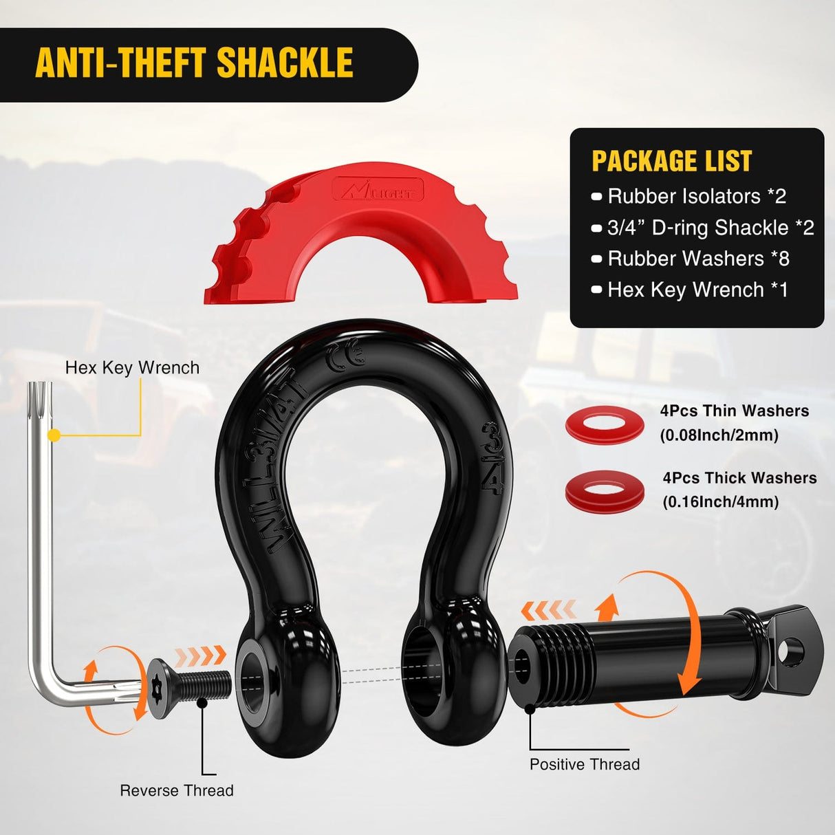 3 x 20Inch Recovery Tow Strap with Anti-Theft D-Ring Shackles Nilight