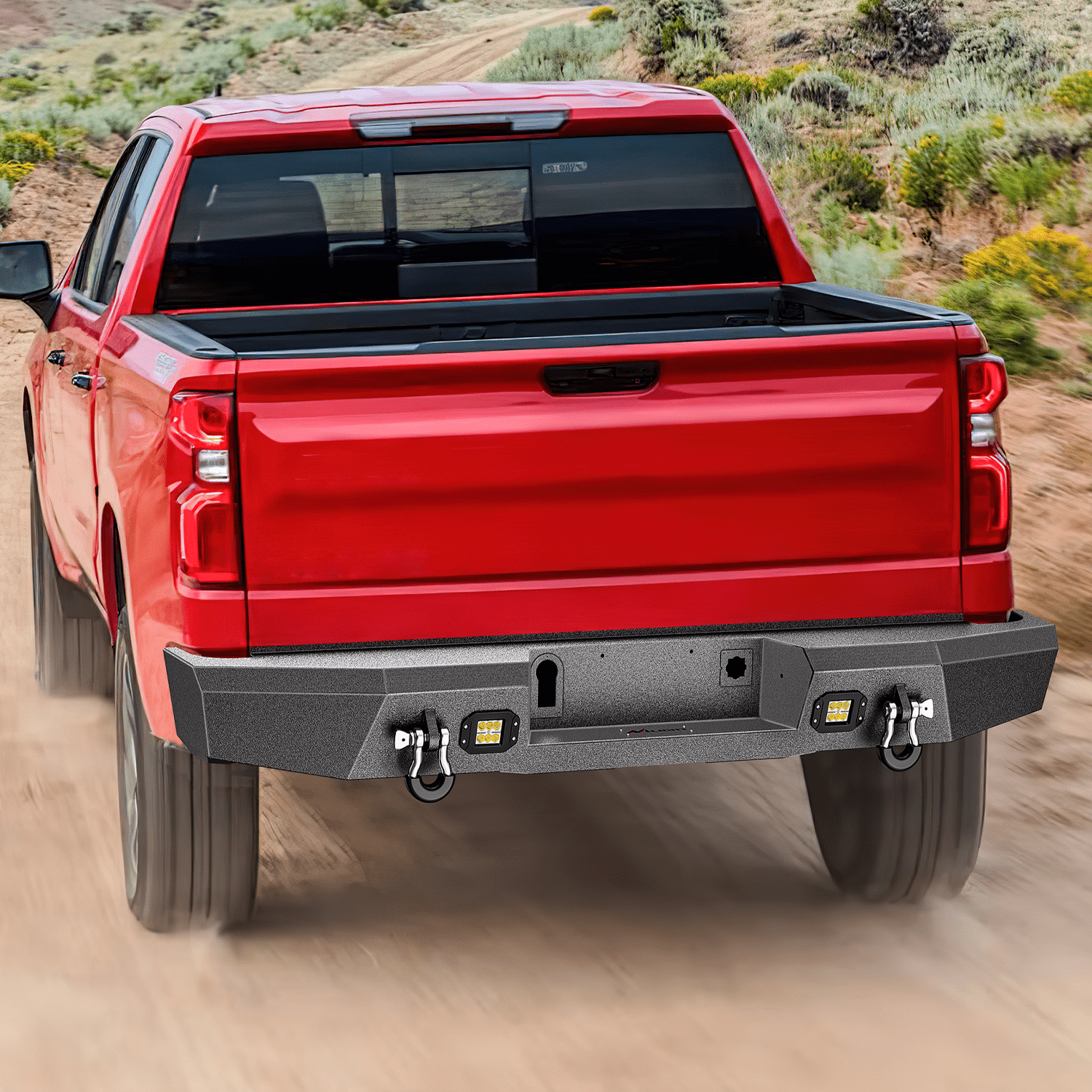 Rear Step Bumper for 2014-2018 Chevy Silverado/GMC Sierra 1500 Pickup Trucks Textured Solid Steel with 2 Upgraded Flood 18W LED Lights D-Rings Nilight
