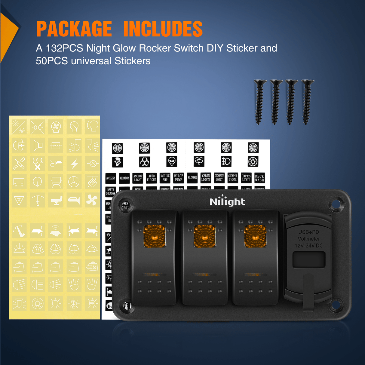 3 Gang Switch Panel With QC3.0 & PD Charger And Voltmerter with Orange Backlit Nilight