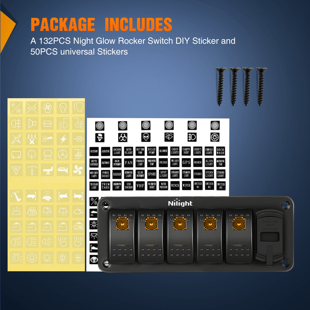 5 Gang Switch Panel With QC3.0 & PD Charger And Voltmerter with Orange Backlit Nilight