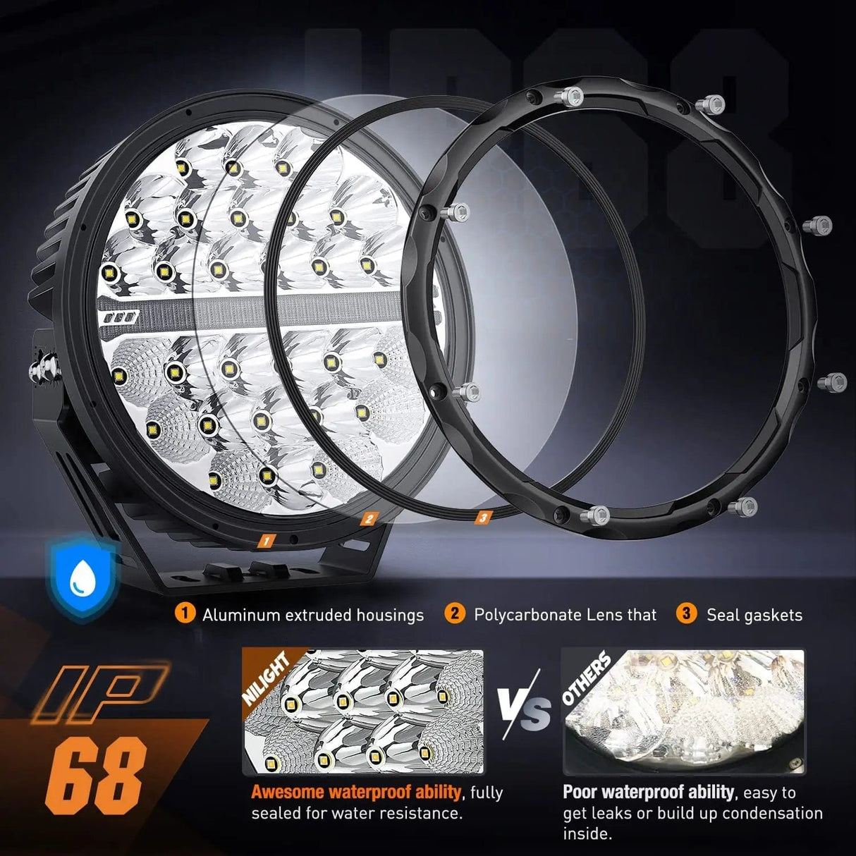 9 Inch 140W 15560LM Round Spot Flood Built-in EMC DRL LED Work Lights (Pair) | 12AWG DT Wire Nilight