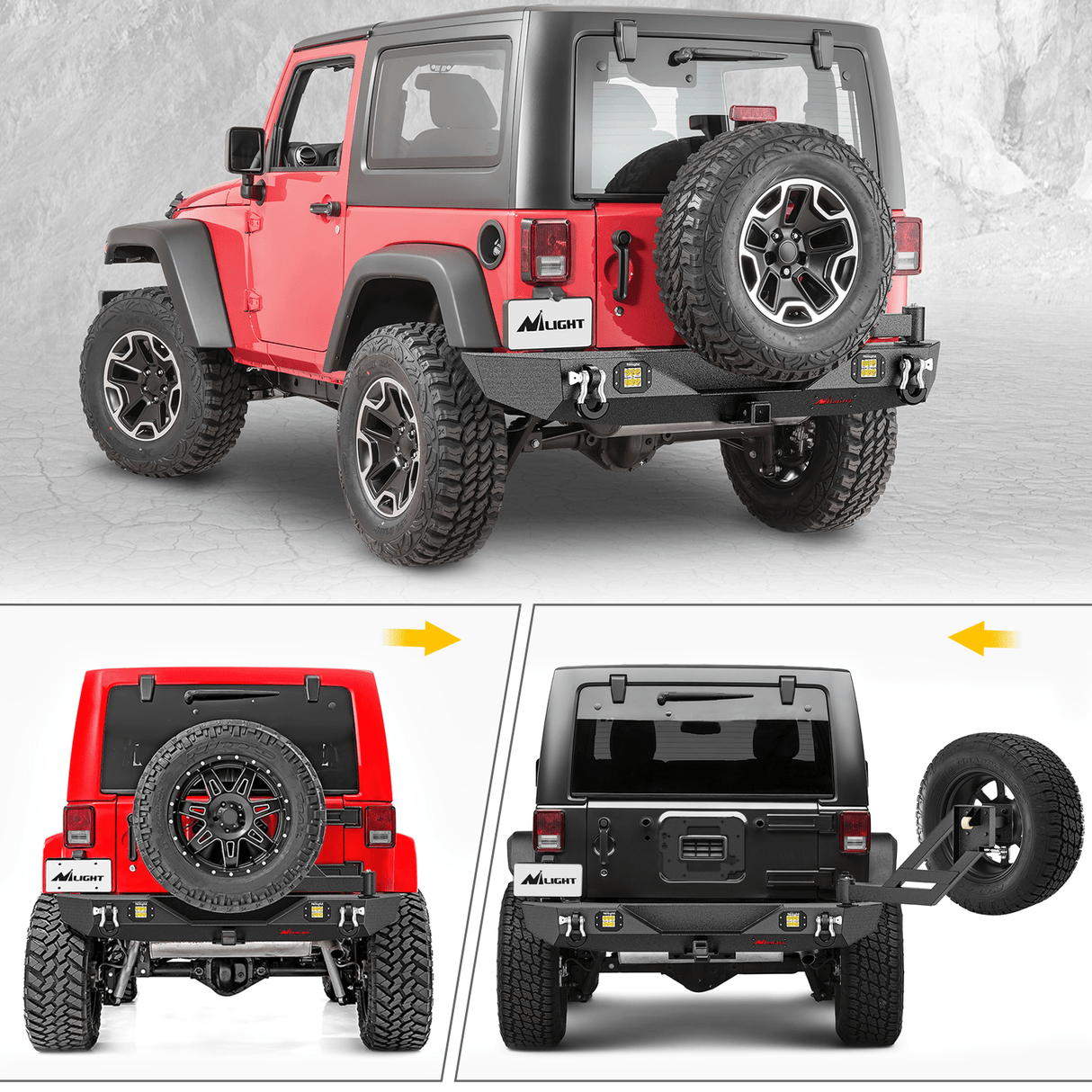 2007-2018 Wrangler JK & Unlimited (2/4 Doors) Rear Bumper Hitch Receiver 2Pcs LED Lights Pods D-rings