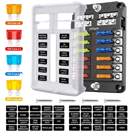 fuse 12 Way Blade Fuse Block 12 Circuits with Negative Bus Fuse Box Holder & LED Indicator ATO/ATC Fuse Panel Waterproof Cover