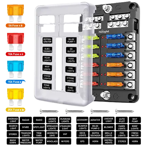 fuse 12 Way Blade Fuse Block 12 Circuits with Negative Bus Fuse Box Holder & LED Indicator ATO/ATC Fuse Panel Waterproof Cover