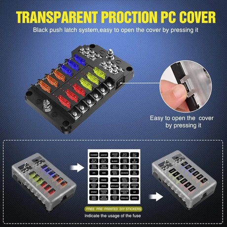 fuse 12 Way Blade Fuse Block 12 Circuits with Negative Bus Fuse Box Holder & LED Indicator ATO/ATC Fuse Panel Waterproof Cover