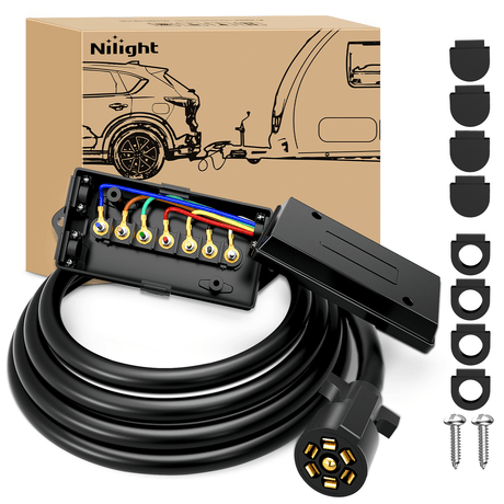 8FT 7-Way Plug Inline Trailer Cord With 7-Gang Junction Box Nilight