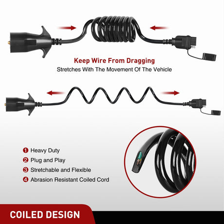 5ft 7 Way to 4 Way Coiled Trailer Extension Wiring Harness Nilight