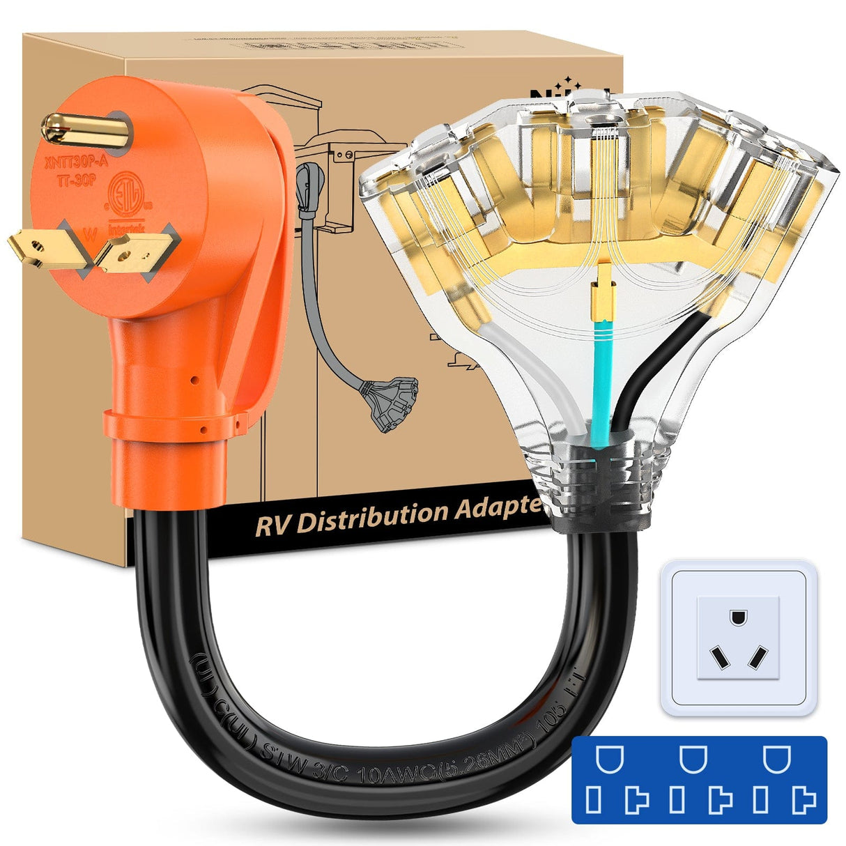 30 Amp to (3) 15/20 Amp TT-30P Male Plug to 5-15R/5-20R Female Receptacle Nilight