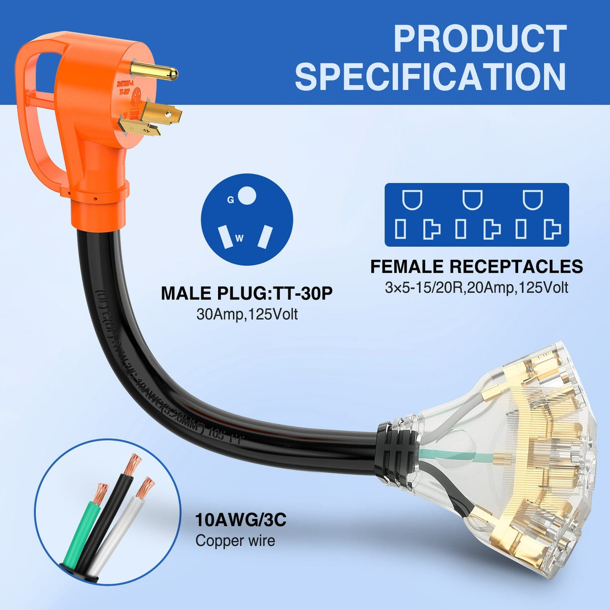 30 Amp to (3) 15/20 Amp TT-30P Male Plug to 5-15R/5-20R Female Receptacle Nilight