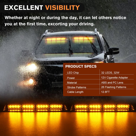 32LED Amber Emergency Dash Strobe Lights with Controller Suction Cups Nilight