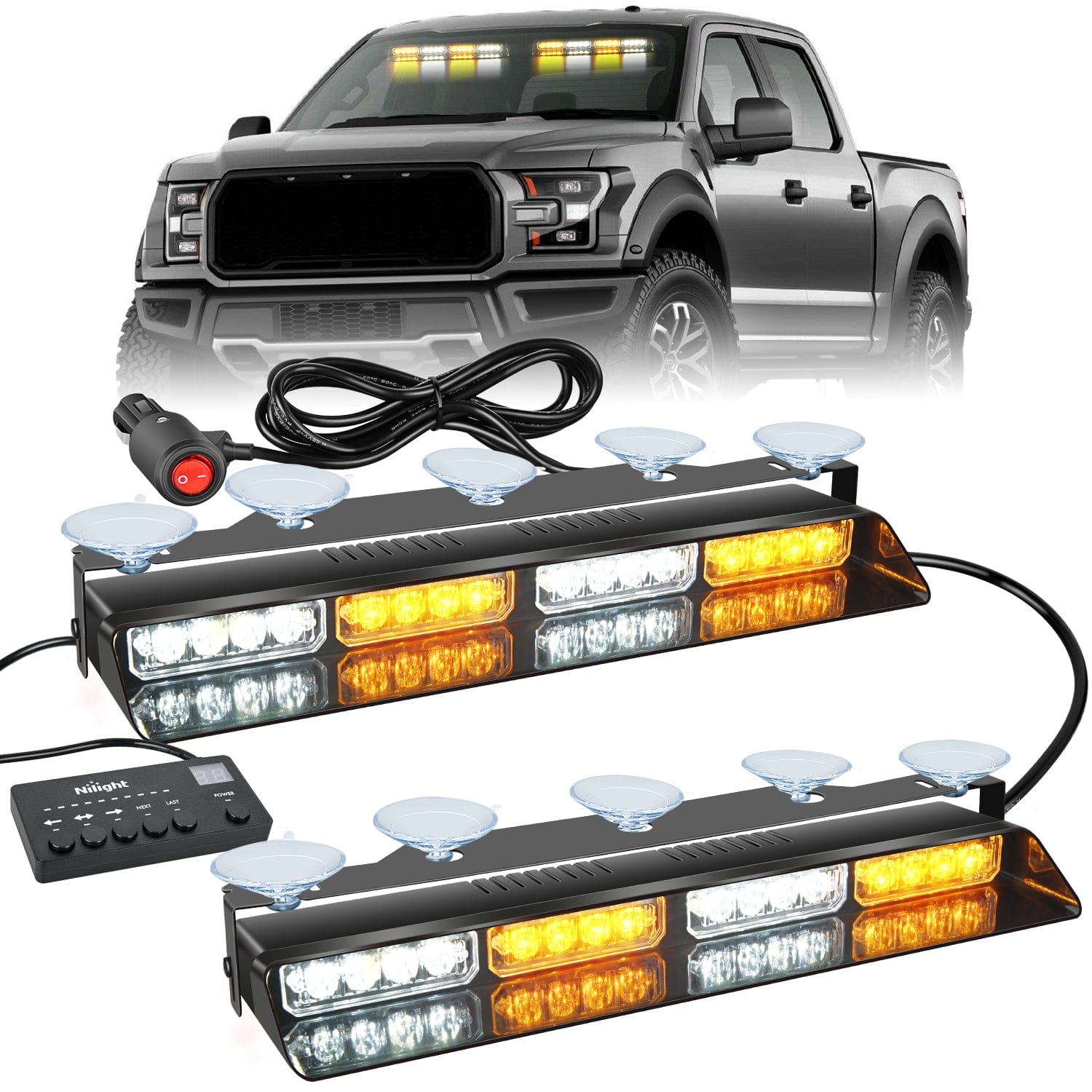 32LED Amber White Emergency Dash Strobe Lights with Controller Suction Cups Nilight