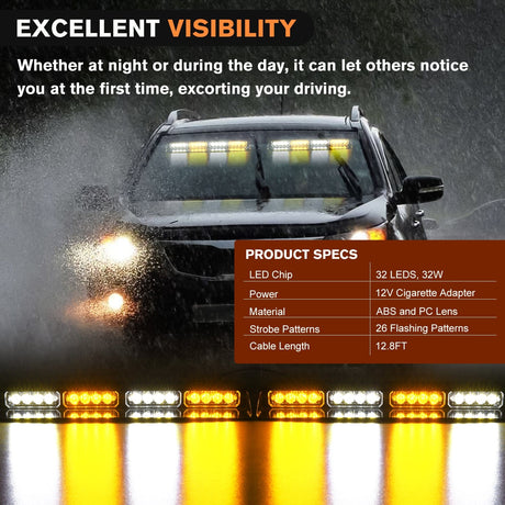 32LED Amber White Emergency Dash Strobe Lights with Controller Suction Cups Nilight