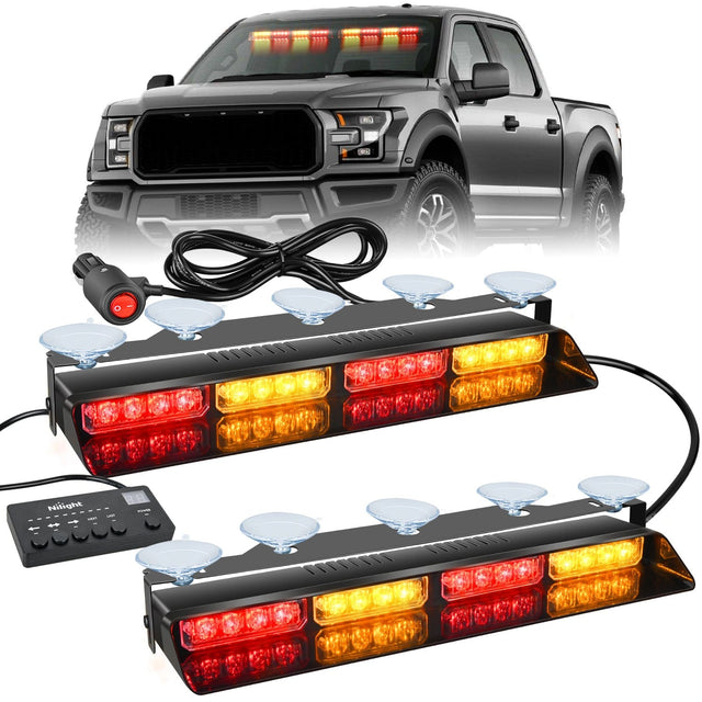 32LED Amber Red Emergency Dash Strobe Lights with Controller Suction Cups Nilight