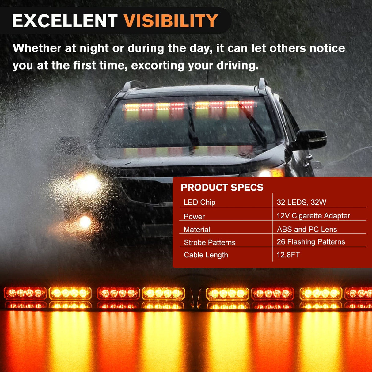 32LED Amber Red Emergency Dash Strobe Lights with Controller Suction Cups Nilight