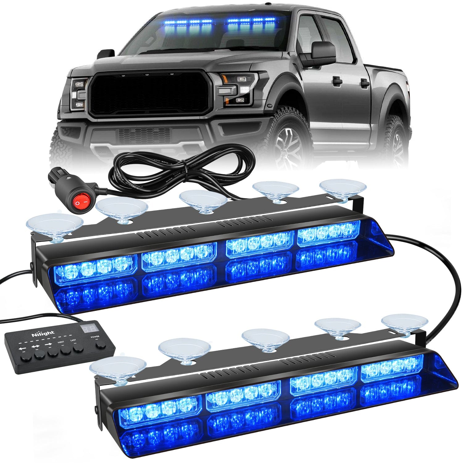 32LED Blue Emergency Dash Strobe Lights with Controller Suction Cups Nilight