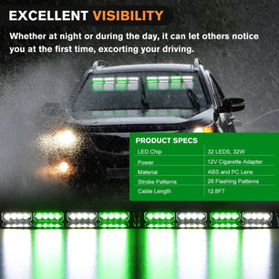 32LED Green White Emergency Dash Strobe Lights with Controller Suction Cups Nilight