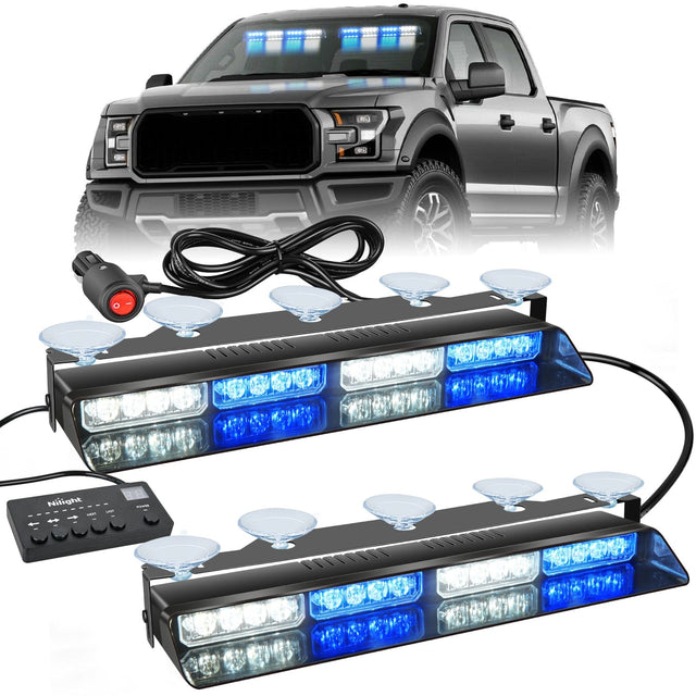 32LED Blue White Emergency Dash Strobe Lights with Controller Suction Cups Nilight