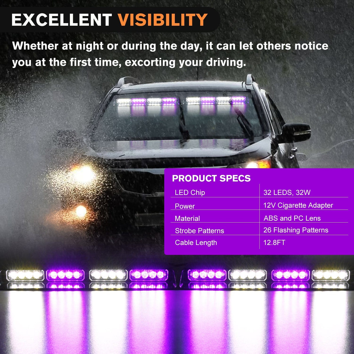 32LED Purple White Emergency Dash Strobe Lights with Controller Suction Cups Nilight