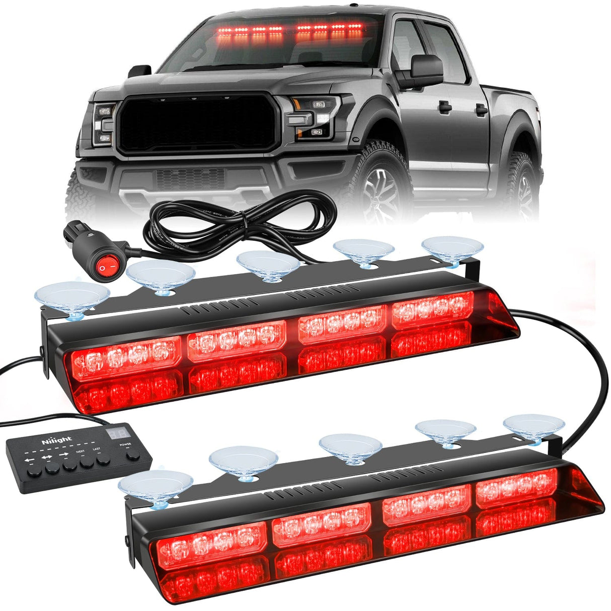 32LED Red Emergency Dash Strobe Lights with Controller Suction Cups Nilight