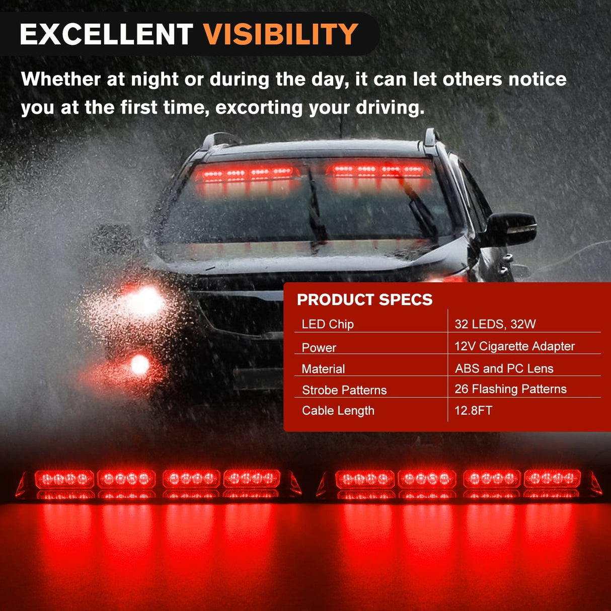 32LED Red Emergency Dash Strobe Lights with Controller Suction Cups Nilight