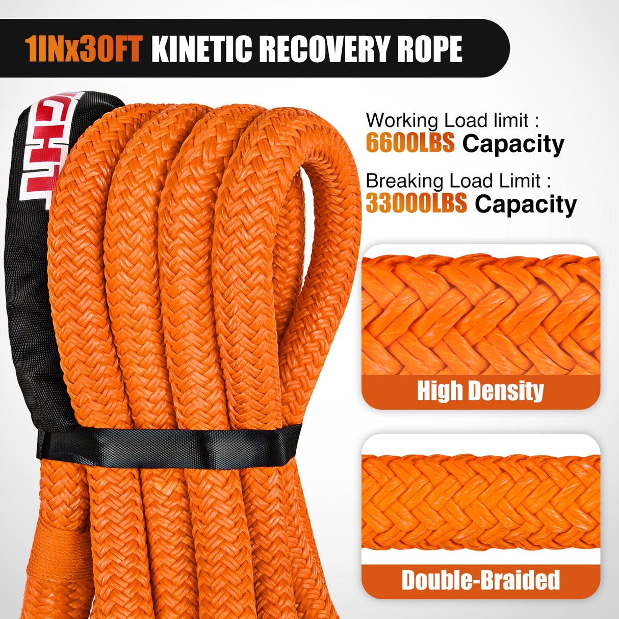 1in x 30ft Kinetic Recovery Rope 33000LBS Nilight