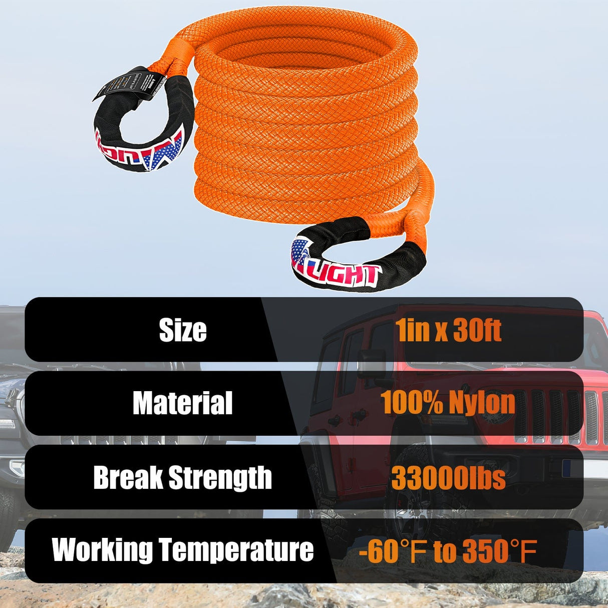 1in x 30ft Kinetic Recovery Rope 33000LBS Nilight