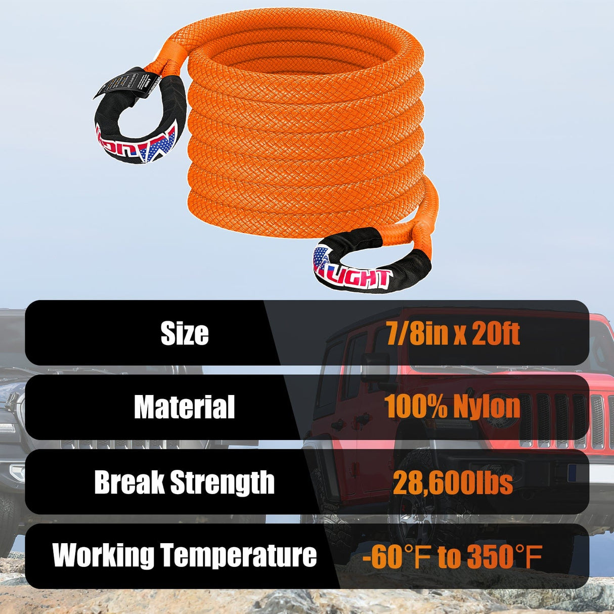 7/8in x 20ft Kinetic Recovery Rope 28,600LBS Nilight