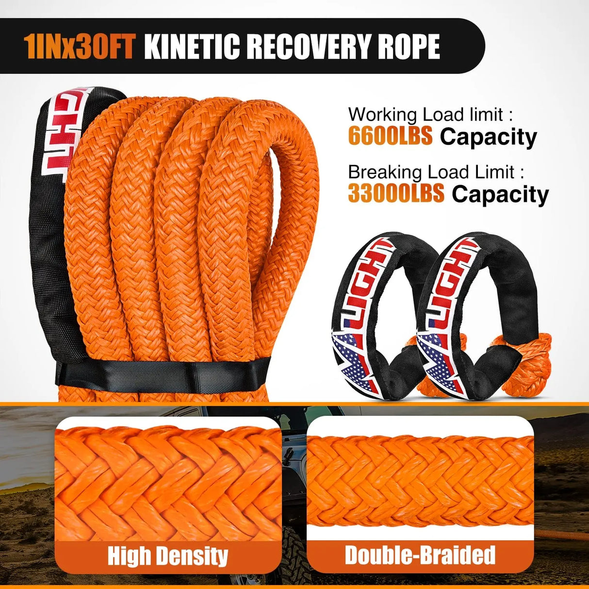 1in x 30ft Kinetic Recovery Rope & 2PCS 1/2 in x 24 in Soft Shackle capacity