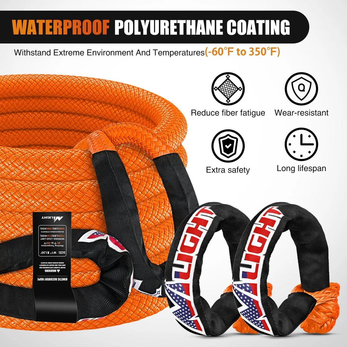 1in x 30ft Kinetic Recovery Rope & 2PCS 1/2 in x 24 in Soft Shackle wATERPROOF