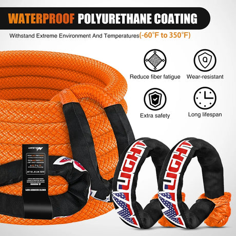 7/8in x 20ft Kinetic Recovery Rope & 2PCS 1/2 in x 24 in Soft Shackle Waterproof