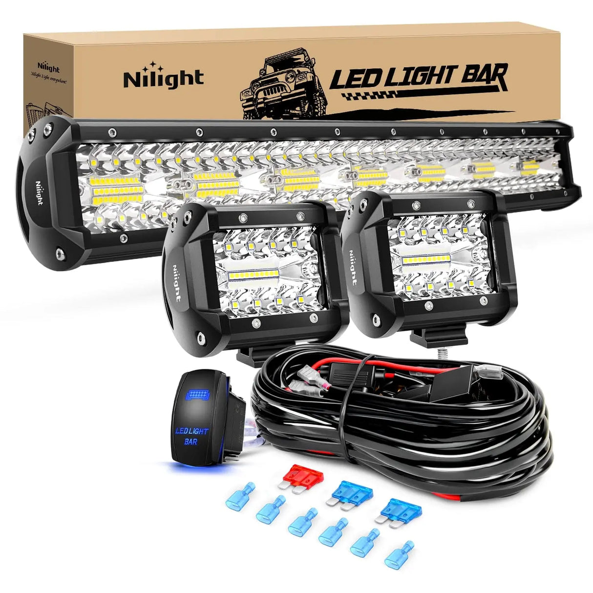 20 Inch 420W Light Bar 2Pcs 4Inch 60W Led Pods with Wiring Harness Kit -3 Leads Nilight