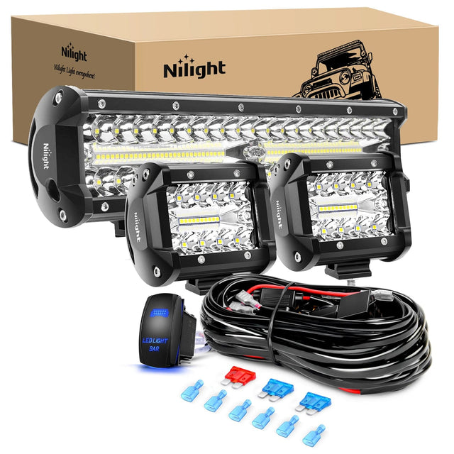 12Inch 72W Led Light Bars 2Pcs 18W Led Pods with Wiring Harness Kit-3 Leads Nilight