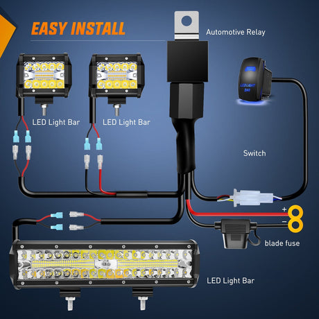 12Inch 72W Led Light Bars 2Pcs 18W Led Pods with Wiring Harness Kit-3 Leads Nilight