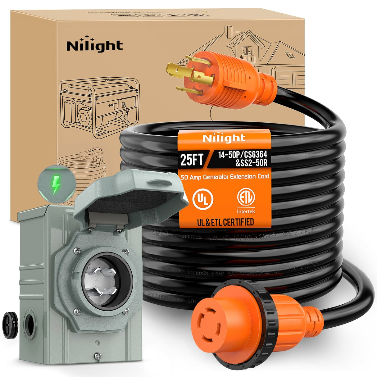 30A 25FT Generator Extension Cord Power Inlet Box with Locking Connector Nilight