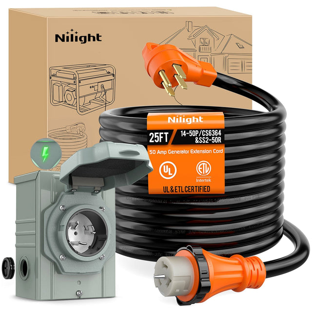 50A 25FT Generator Extension Cord Power Inlet Box with Locking Connector Nilight