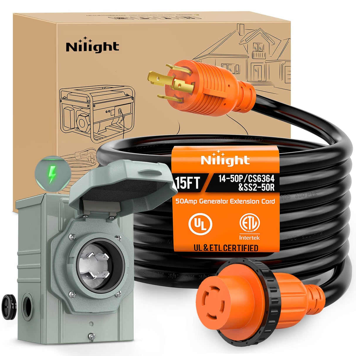 30A 15FT Generator Extension Cord Power Inlet Box with Locking Connector Nilight