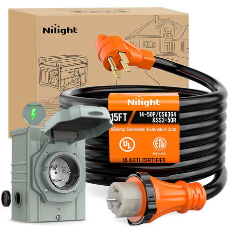 50A 15FT Generator Extension Cord Power Inlet Box with Locking Connector Nilight