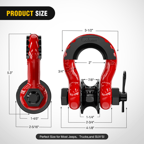 3/4 inch D-Ring Shackle with Towing Pulley Red (Pair) Nilight