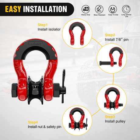 3/4 inch D-Ring Shackle with Towing Pulley Red (Pair) Nilight