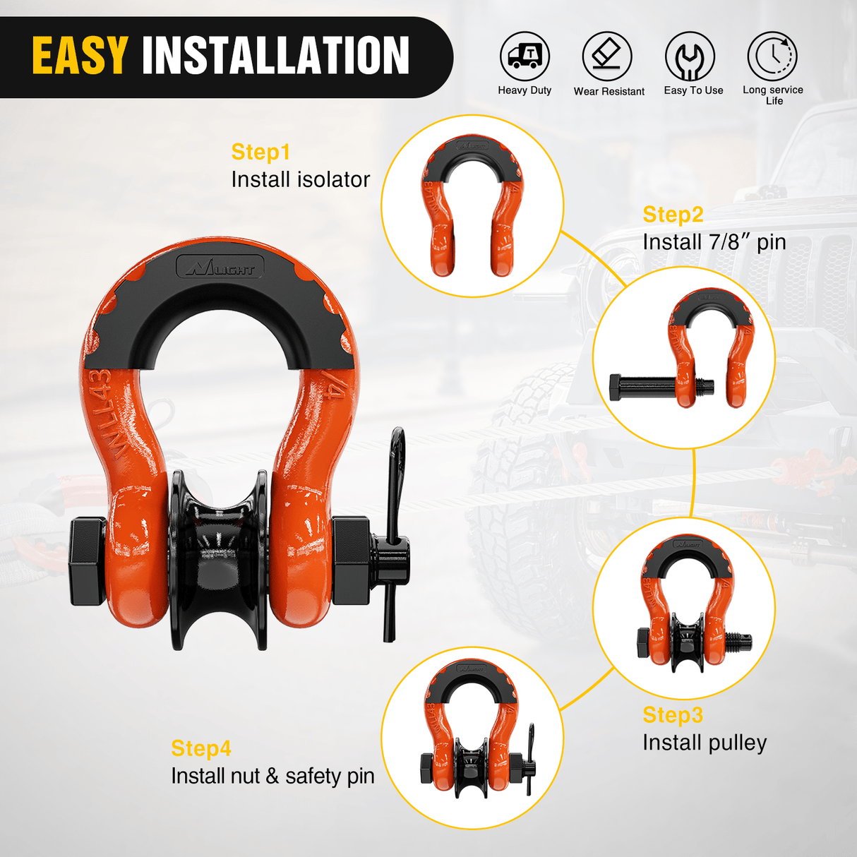 3/4 inch D-Ring Shackle with Towing Pulley Orange (Pair) Nilight