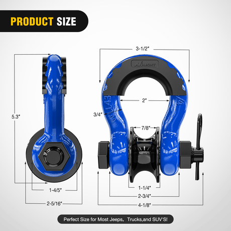 3/4 inch D-Ring Shackle with Towing Pulley Blue (Pair) Nilight