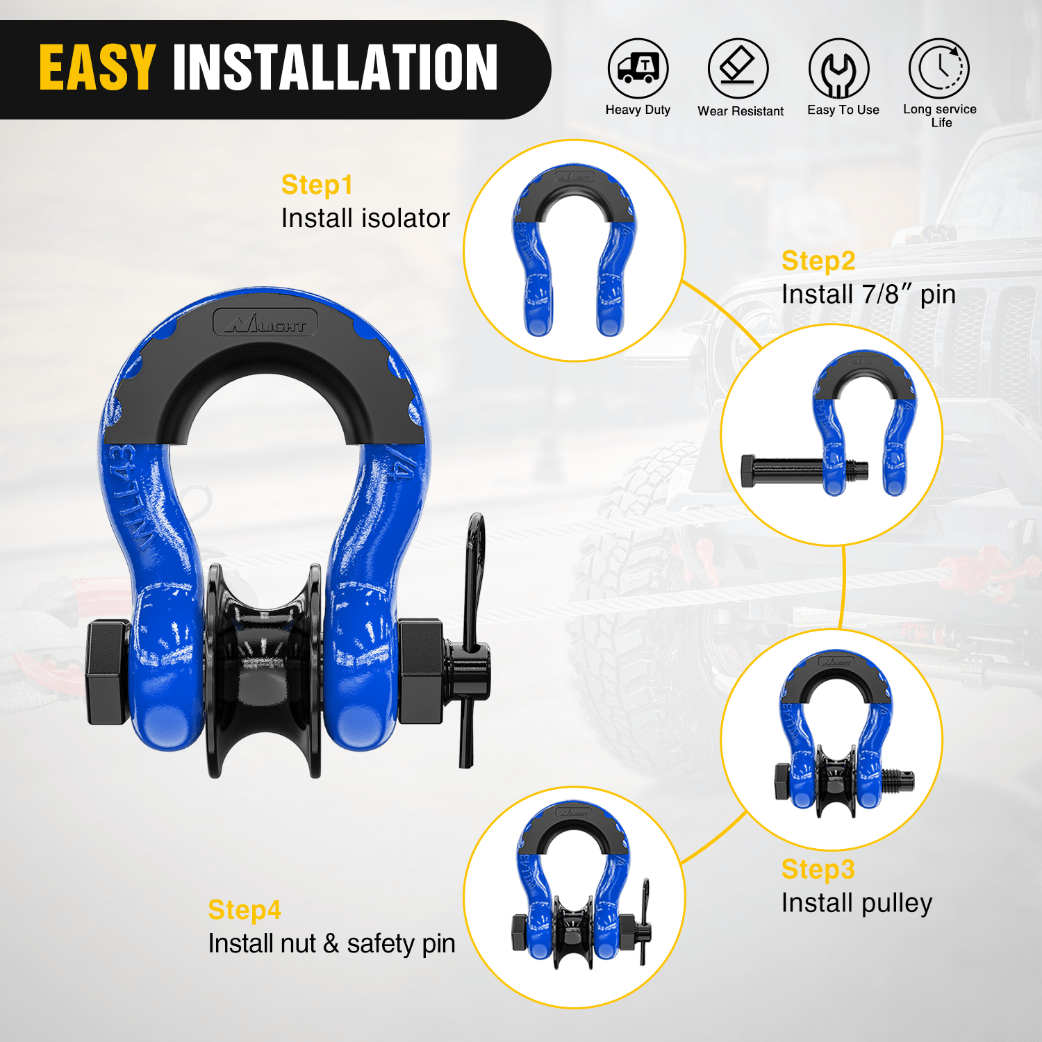 3/4 inch D-Ring Shackle with Towing Pulley Blue (Pair) Nilight