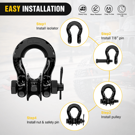 3/4 inch D-Ring Shackle with Towing Pulley Black (Pair) Nilight