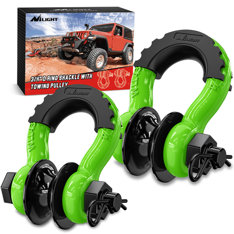 3/4 inch D-Ring Shackle with Towing Pulley Green (Pair) Nilight