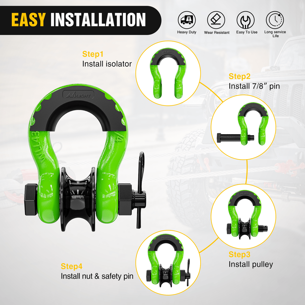 3/4 inch D-Ring Shackle with Towing Pulley Green (Pair) Nilight