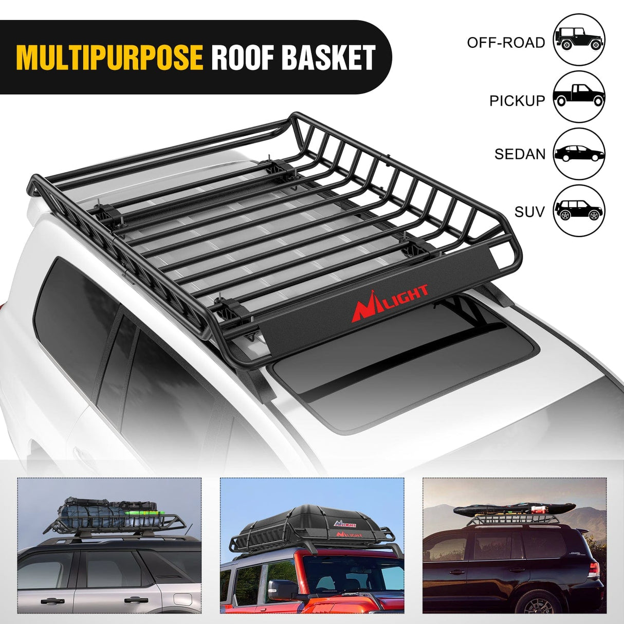 51 x 36 x 5 Inch Universal Roof Rack Cargo Basket Kit with Cargo Bag Net Ratchet Straps