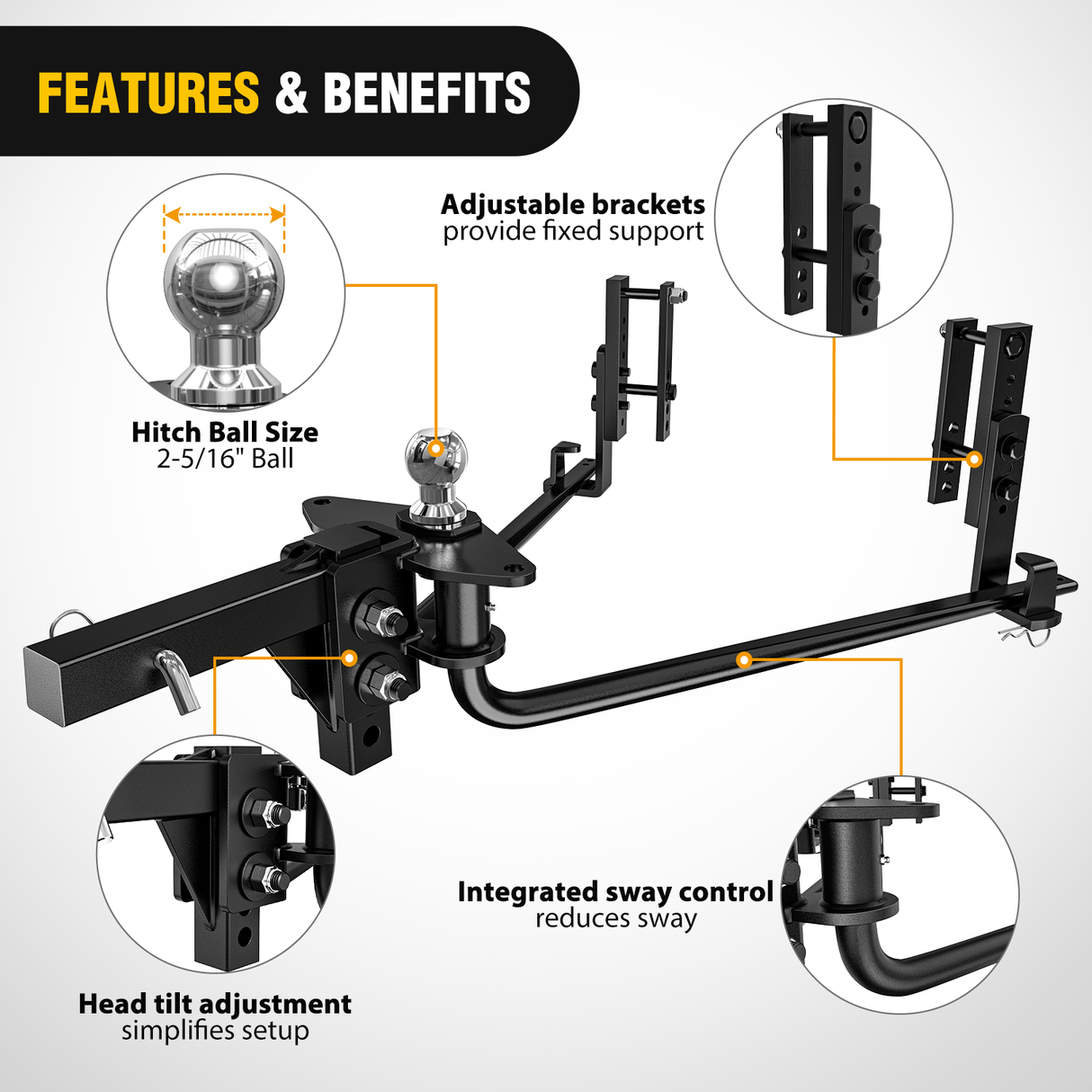 Nilight 800 lbs Round Bar Weight Distributing Hitches Kit with Sway Control