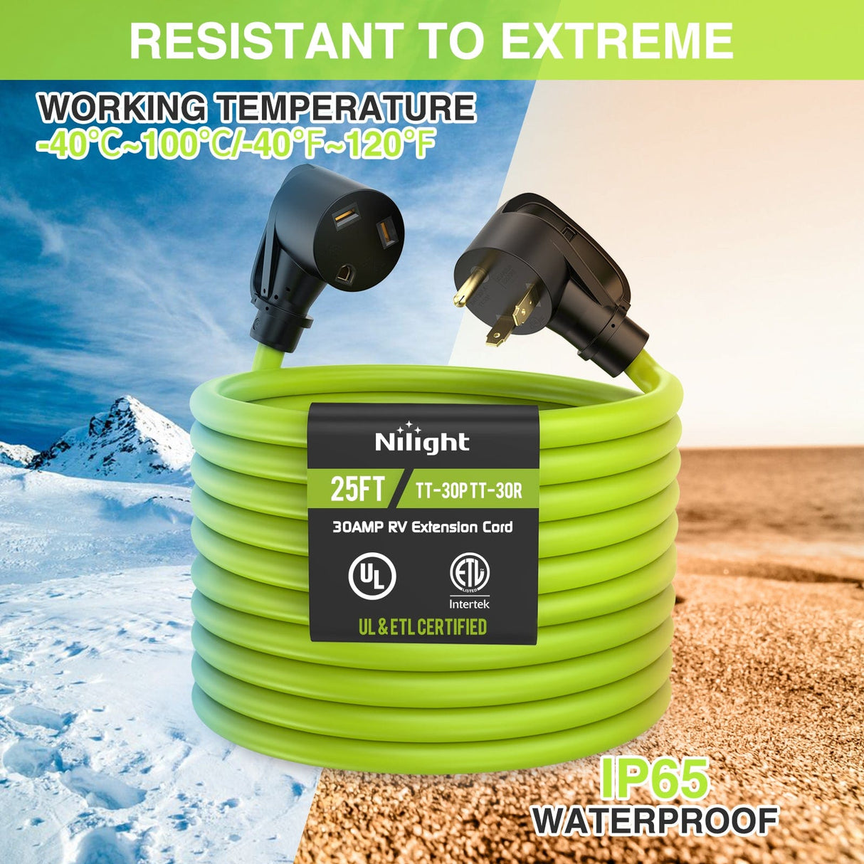 30Amp 25FT RV EV Extension Cord Bright Green Nilight