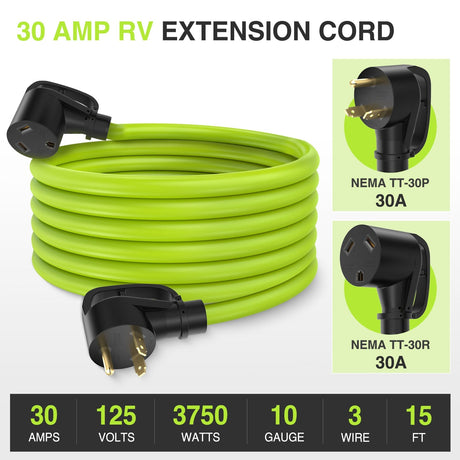 30Amp 15FT RV EV Extension Cord Bright Green Nilight