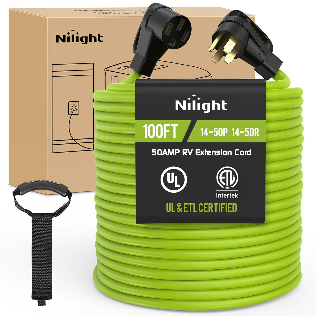 50Amp 100FT RV EV Extension Cord Bright Green Nilight